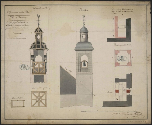 Département du Mont-Blanc, ville de Chambéry, plan, profil et élévation du clocher à construire à l'église paroissiale de St Pierre de Maché