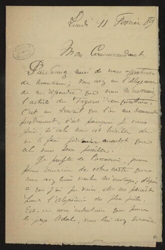 Lettre d'A. Hénon à Lannoy de Bissy