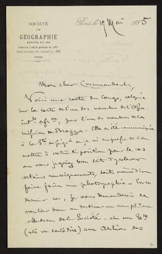 Lettre de Maunoir annonçant l'envoi d'une carte du Congo, calquée par l'un des membres de la mission de Brazza