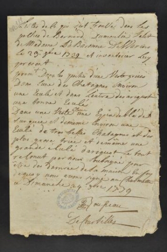 Liste signée par Rousseau, de ce qui s'est trouvé dans les poches de Bernard Dumoulin, valet de Madame la baronne de Warens