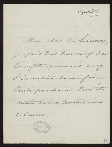 Lettre du général Desvaux à Lannoy de Bissy