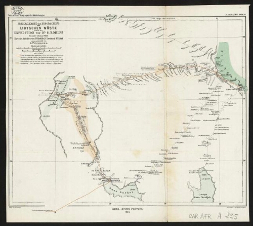 Originalkarte der Erforschung der libyschen Wüste durch die Expedition von Dr G. Rohlfs Dezember & Januar 1873/4