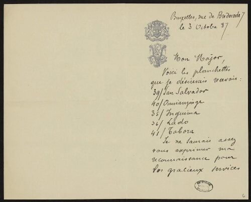 Lettre signée L. van de Velde Bruxelles adressée à Lannoy de Bissy
