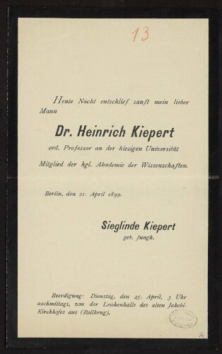 Avis de décès du Dr. Heinrich Kiepert, envoyé par Sieglinde Kiepert, son épouse