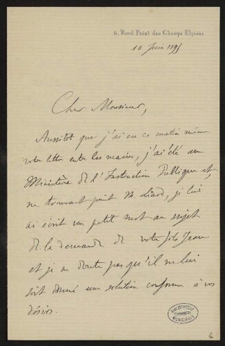 Lettre d'Alfred Grandidier à Lannoy de Bissy