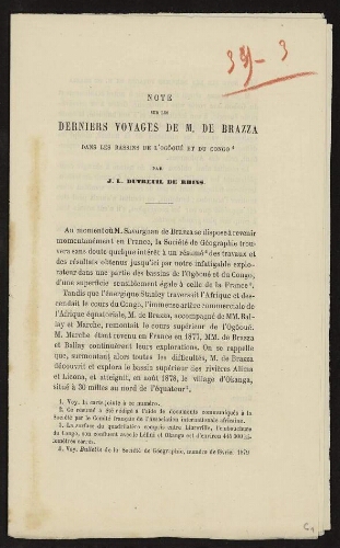 Note sur les derniers voyages de M. de Brazza dans les bassins de l'Ogôué et du Congo / par J. L. Dutreuil de Rhins