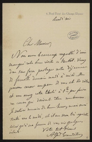 Lettre d'Alfred Grandidier à Lannoy de Bissy