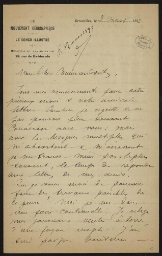 Lettre d'Alphonse-Jules Wauters à Lannoy de Bissy
