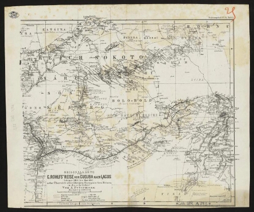 Originalkarte von G. Rohlfs Reise von Gudjba nach Lagos, Februar 1866 bis Mai 1867…