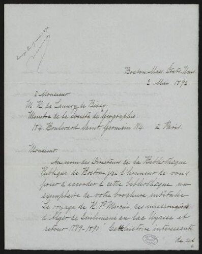 Lettre de Théodore J. Devight à Lannoy de Bissy