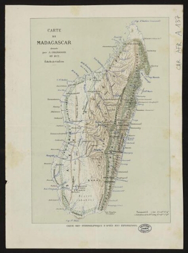 Carte de Madagascar dressée par A. Grandidier en 1872
