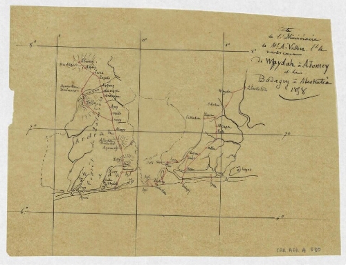 Carte de l'itinéraire de Mr A. Vallon de Whydah à Abomey et de Badagry à Abeokutia