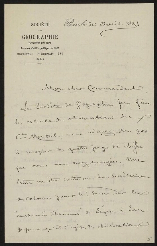 Lettre de Charles Maunoir à Lannoy de Bissy