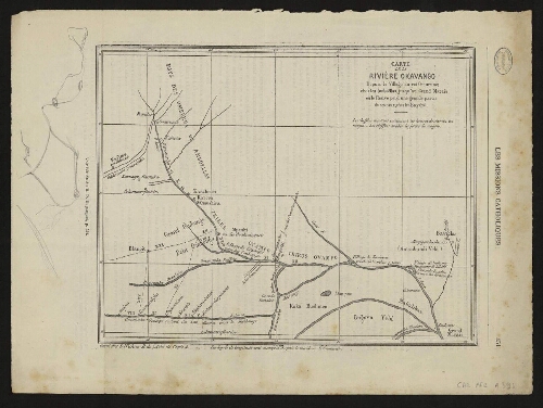 Carte de la rivière Okanvango, depuis le village du roi Omurumu chez les Amboëllas, jusqu'au Grand Marais où le fleuve perd une grande partie de ses eaux, chez les Bayéyé