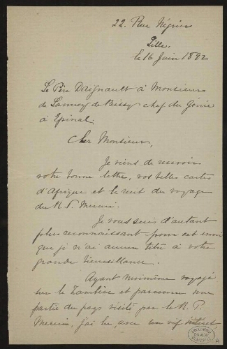 Lettre du P. Daignault sur son voyage au Zambèse adressée Wichmann à Lannoy de Bissy