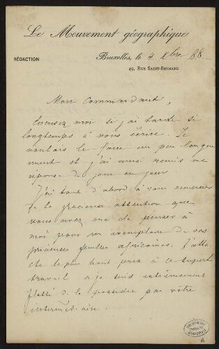 Lettre d'Alphonse-Jules Wauters à Lannoy de Bissy