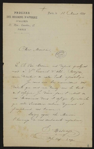 Lettre signée P. Mesnage à Lannoy de Bissy