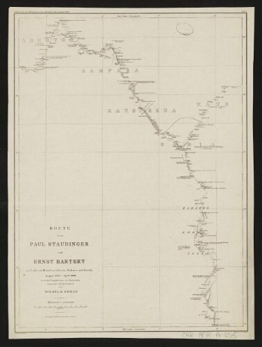 [Reproduction de] Route von Paul Staudinger und Ernst Hartert von Loko am Benuë nach Kano, Sokoto und Gandu, Augut 1885 - April 1886 nach den Tagebüchern der Reisenden
