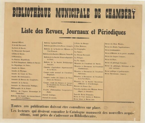 Bibliothèque municipale de Chambéry : Liste des Revues, Journaux et périodiques