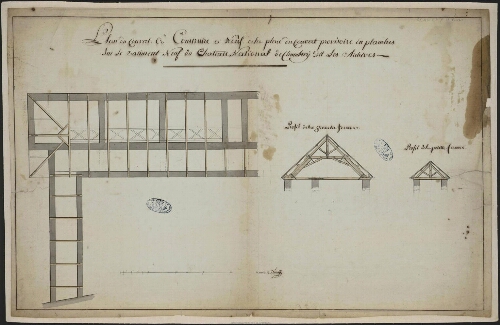 Plan du couvert à construire à neuf à la place du couvert provisoire en planches sur le bâtiment neuf du château national de Chambéry dit des archives