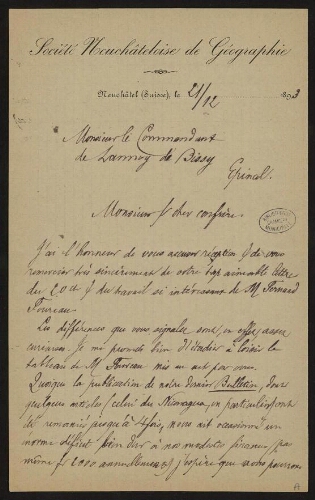 Lettre de Charles Knapp à Lannoy de Bissy