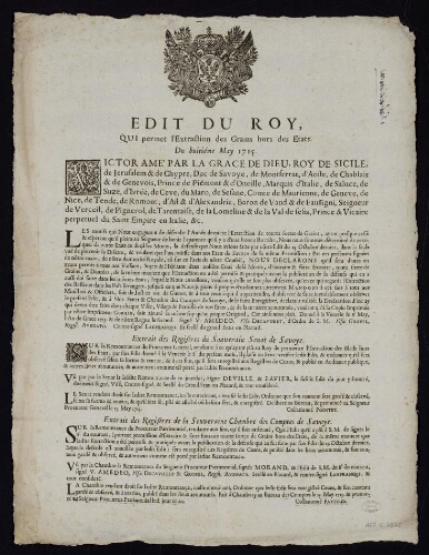 Edit du roy, qui permet l'Extraction des Grains hors des Etats du huitième May 1715