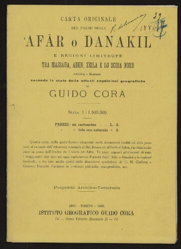 Carta originale del paese degli Afâr o Danakil e regioni limitrofe Tra Massaua, Aden, Zeila e lo Scioa nord