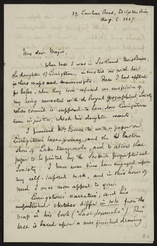 Lettre de Ravenstein à Lannoy de Bissy au sujet des travaux de Livingstone et Giraud