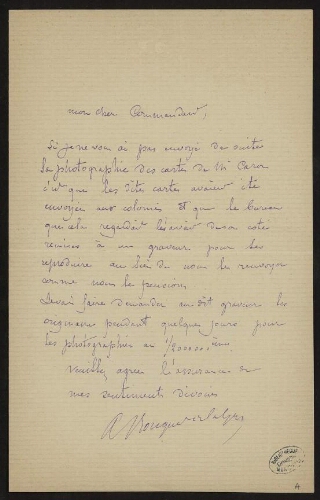 Lettre d'Anatole Bouquet de la Grye à Lannoy de Bissy