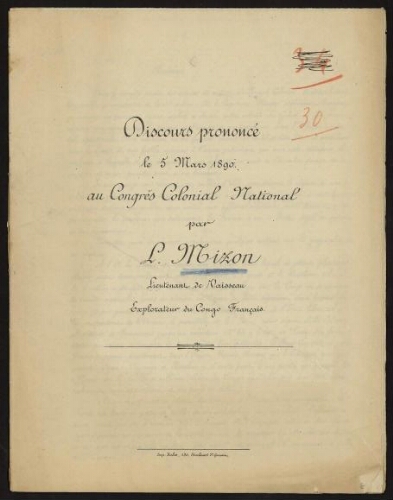 Discours prononcé le 5 mars 1890 au Congrès colonial national par L. Mizon