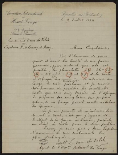 Lettre signée L. van de Velde adressée à Lannoy de Bissy