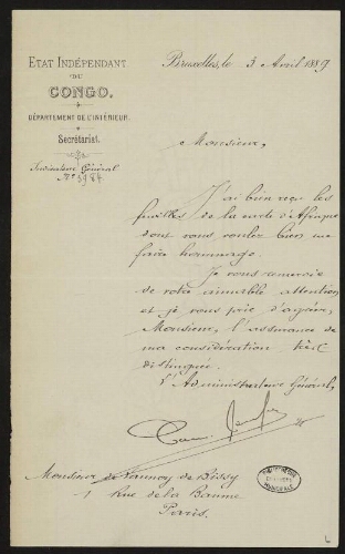 Lettre signée Cam. Janssen adressée à Lannoy de Bissy