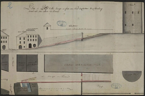 Plan et profil de la rampe à faire au nord du château de Chambéry visant la rue neuve du Verney