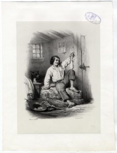 Un jeune homme assis sur une paillasse dans une mansarde