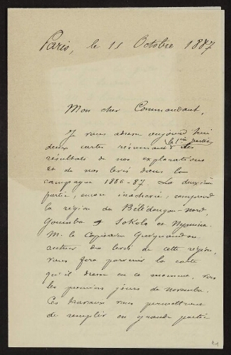 Lettre de J. Vallière à Lannoy de Bissy accompagnant l'envoi de 2 cartes résumant la première partie des résultats des explorations et des levés dans la campagne 1886-87