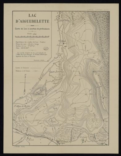 Lac d'Aiguebelette. Carte du lac à courbes de profondeurs