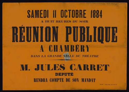 Samedi 11 octobre 1884 à huit heures du soir réunion publique à Chambéry dans la grande salle du théâtre