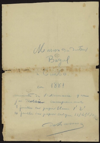 Minutes dressées par Lannoy de Bissy à partir de l'itinéraire du Docteur Bayol à Timbo en 1881