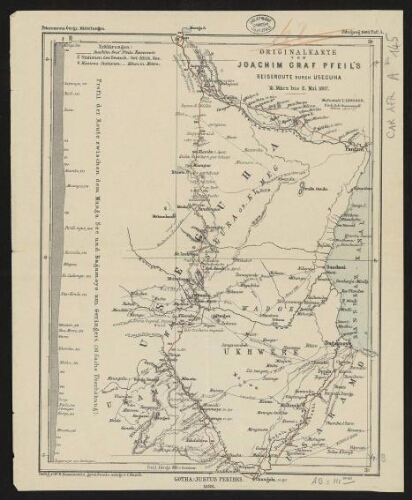 Originalkarte von Joachim Graf Pfeil's Reiseroute durch Useguha, 18 März bis 8 Mai 1887