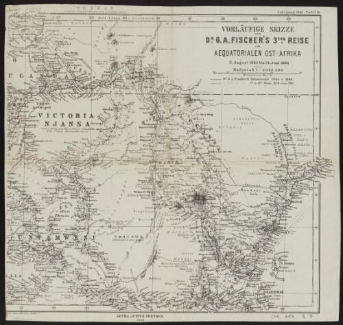 Vorläufige Skizze von Dr G. A. Fischer's 3ter Reise im Aequatorialen Ost-Afrika, 3 August 1885 bis 14 Juni 1886