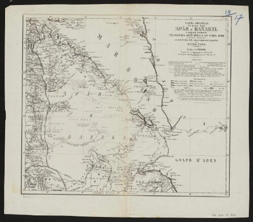 [Réduction de] Carta originale del paese degli Afâr o Danakil e regioni limitrofe Tra Massaua, Aden, Zeila e lo Scioa nord