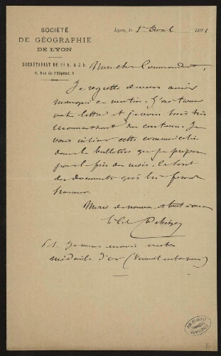 Lettre signée Debize adressée à Lannoy de Bissy