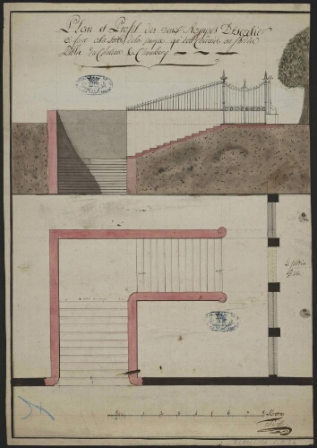 Plan et profil des deux rampes d'escalier à faire à la suite de la rampe qui doit conduire au jardin public du château de Chambéry