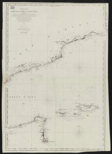 Mer des Indes, carte de l'entrée du Golfe d'Aden comprenant la côte sud d'Arabie entre Ras Merbat et Ras Al Kelb, la côte nord est d'Abyssinie entre Ras Hadadeh et Ras Hafun, les îles de Socotra et Abd Al Kuri