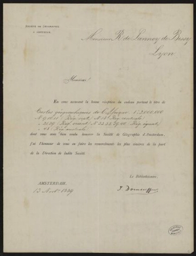Lettre signée J. Dornseiffen, bibliothécaire, adressée à Lannoy de Bissy