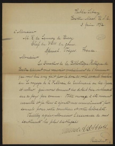 Lettre, signature illisible, adressée à Lannoy de Bissy
