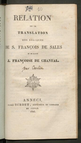 Relation de la translation des reliques de saint François de Sales et de sainte Jeanne-Françoise de Chantal
