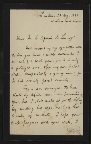 Lettre d'Ernest George Ravenstein à Lannoy de Bissy