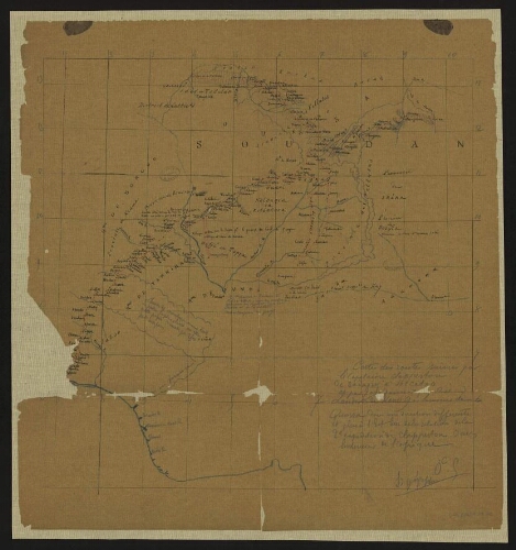 [Copie de] Carte des routes suivies par le capitaine Clapperton de Badagry à Soccatao, et par son domestique Richard Lander, de Kano à la rivière de Quorra dans une direction différente et plus à l'Est