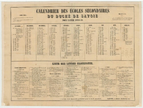 Calendrier des écoles secondaires du Duché de Savoie l'année 1854-55